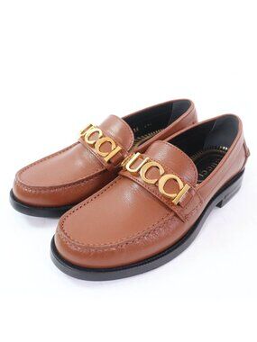 Gucci Logo Metal Leather Loafers Brown Gold
